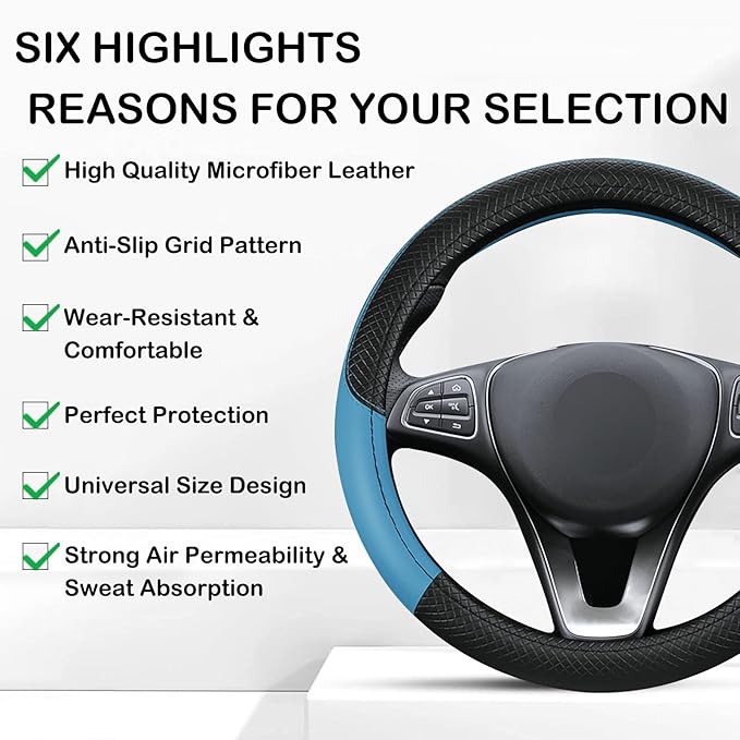 Leather Patchwork Black Blue Steering Wheel Cover, 14.5-15 Inch Non-Slip Breathable Microfiber Car Steering Wheel Protector