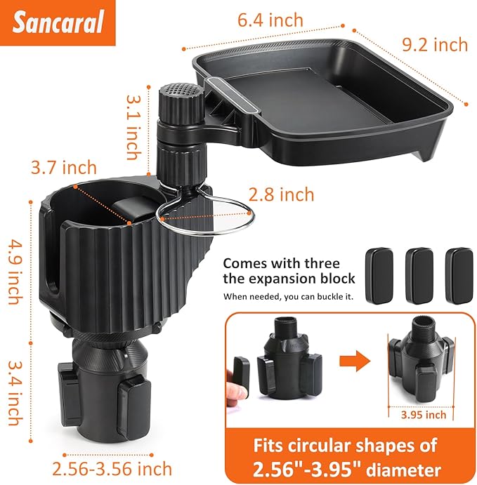 Car Large Cup Holder Expander, 3-in-1 Cupholder Extender with Swivel and Detachable Snack Food Tray Table for Eating, Travel 