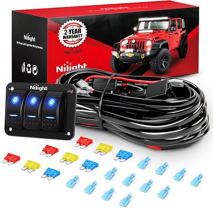 Nilight 16AWG LED Light Bar Wiring Harness Kit 12V On/Off 3 Gang LED Pod Lights Rocker Switch Panel Power Relay Fuse 5Pin Toggle for Cars Boat ATV Trucks-6 Leads