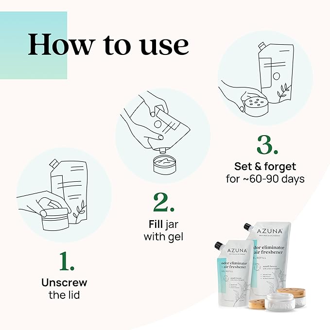 Azuna Air Freshener & Odor Eliminator Gel 4 Room Kit, Includes (4) 8 oz. Empty Luxe Glass Jars & 24 oz. Refill with Tea Tree 