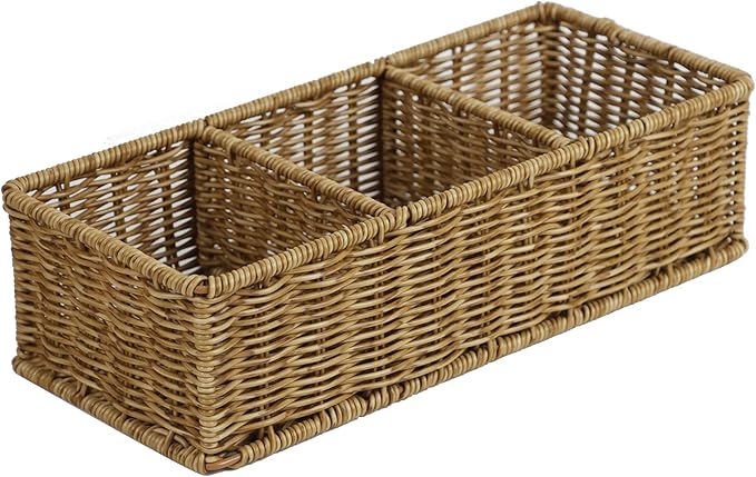 Waterproof Wicker Basket With 3 Compartments, Hand Woven Bathroom Counter Organizer, Small Storage Basket for Toilet Paper St