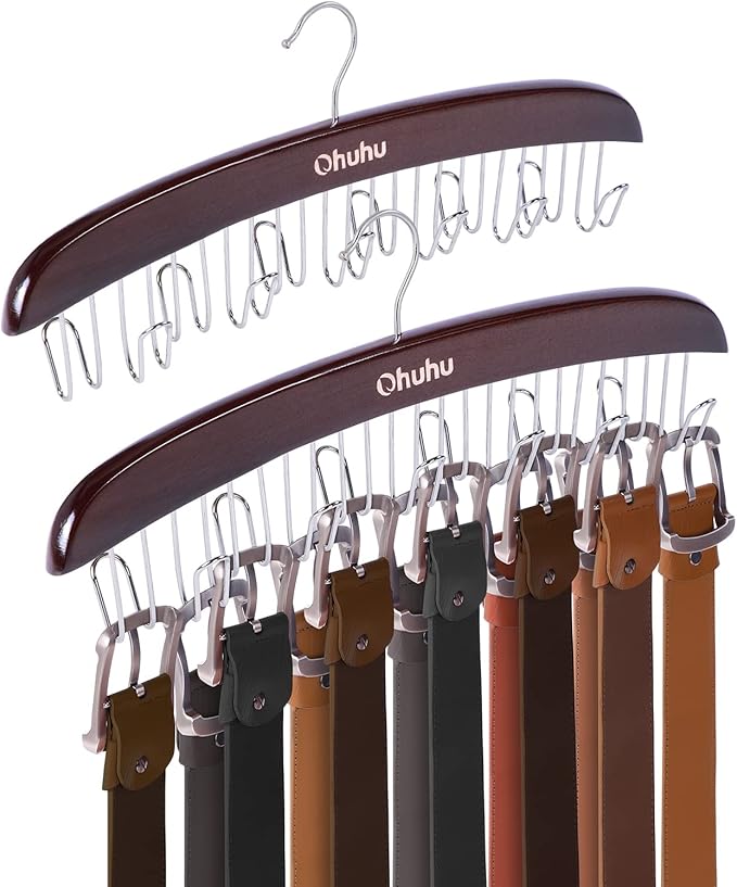 Belt Hanger Organizer for Closet: Ohuhu 2 Pack 12 Hooks Max 36 Belts Tie Rack Wooden Belt Holder for Storage 360 Degree Rotat