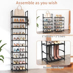 LANTEFUL 10 Tiers Tall Shoe Rack 20-25 Pairs Boots Organizer Storage Sturdy Narrow Shoe Shelf for Entryway, Closets with Hook