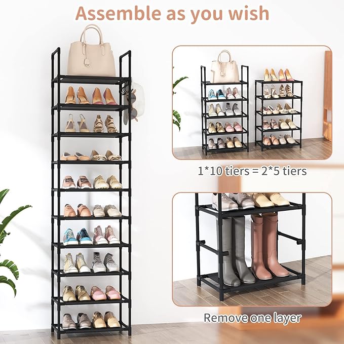 LANTEFUL 10 Tiers Tall Shoe Rack 20-25 Pairs Boots Organizer Storage Sturdy Narrow Shoe Shelf for Entryway, Closets with Hook