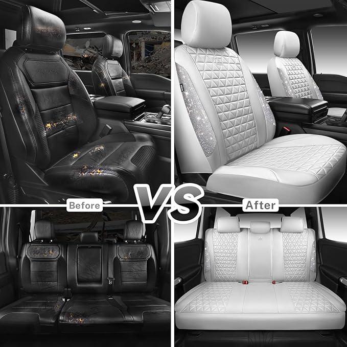 CAR PASS All White Bling Diamond Leather Car Seat Covers Full Sets,Waterproof Shining Glitter Sparkly Crystal Universal Fit f