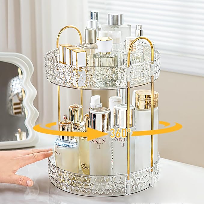 Rotating Makeup Organizer for Vanity, 2 Tier Perfume Skincare Storage for Women, Bathroom Counter Organizer, 360 Spinning Cos