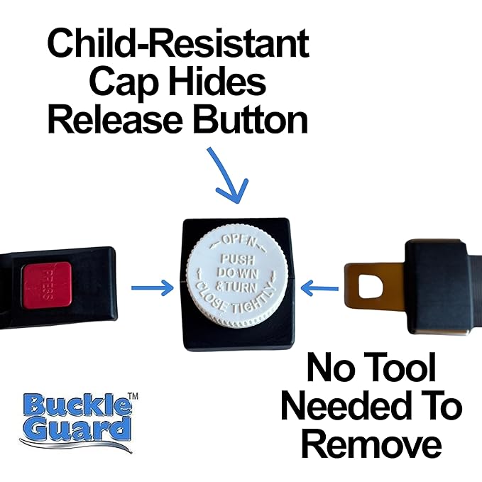 Seat Belt Button Cover (2-Pk) Deters Children & Disabled Adults from Unbuckling Seatbelt Buckles in Buses & Commercial Vans, No "Key" Needed to Open Device, for 2-Point Lap Belts (Black)