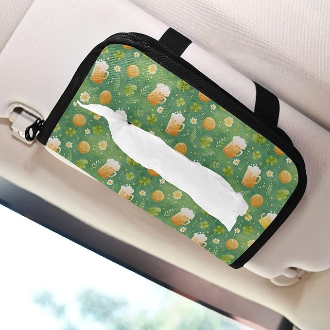 Car Tissue Holder Car Visor Organizer Tissue Box Holder for Car Sun Visor Organizer with Car Vehicle Accessories Essentials Interior for Women Men Green Mugs Clovers Daisies St.Patrick
