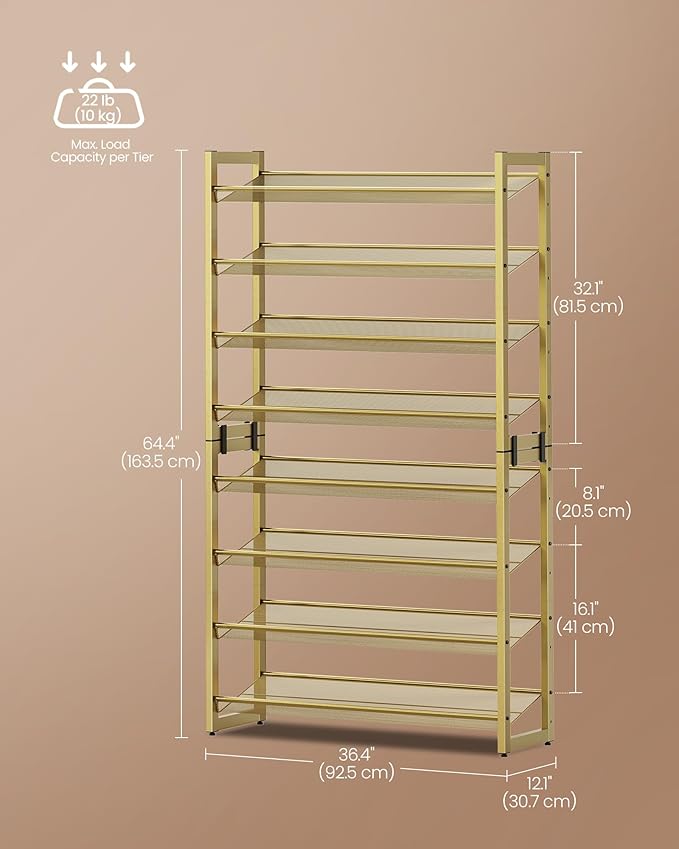 SONGMICS Shoe Rack, 8-Tier Shoe Organizer, Metal Rack for Garage, Set of 2, 4-Tier Stackable Shelf, with Adjustable Flat or A