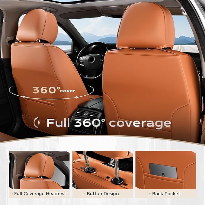 Coverado Seat Covers, Car Seat Covers Full Set, Leather Seat Covers for Cars, Car Seat Protector, Orange Car Seat Covers Fron