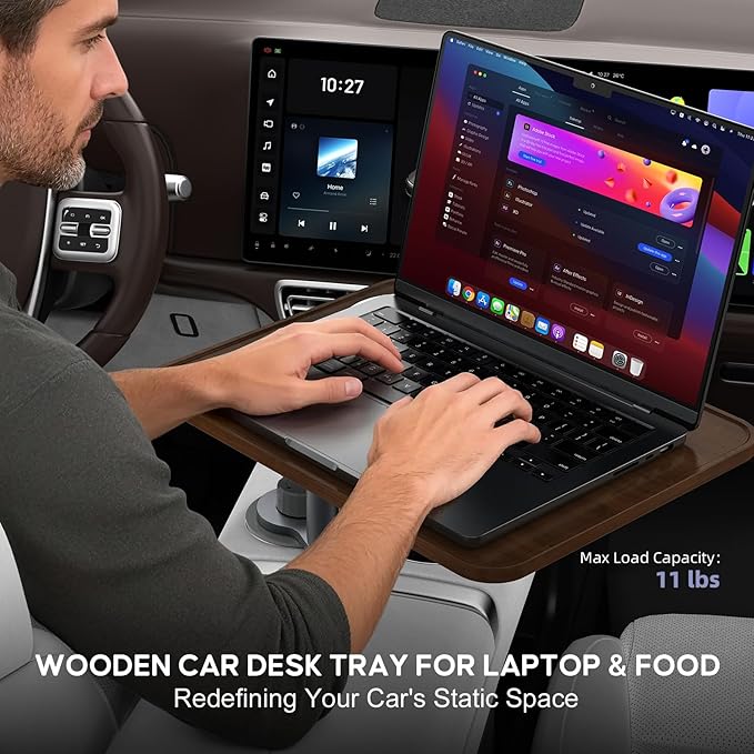 Car Desk Car Tray for Laptop & Food, Wooden Cup Holder Table with Adjustable Height, Car Accessories for Women & Men 360° Rotatable Steering Wheel Tray for Tesla Model Y/3/S, Ford F150 & Most Vehicles