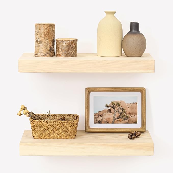 Marsmiles Natural Wood Floating Shelves | Unfinished Wood Wall Shelves Set of 2 | 16" W x 7.7" D x 1.6" H Natural Wooden Shel