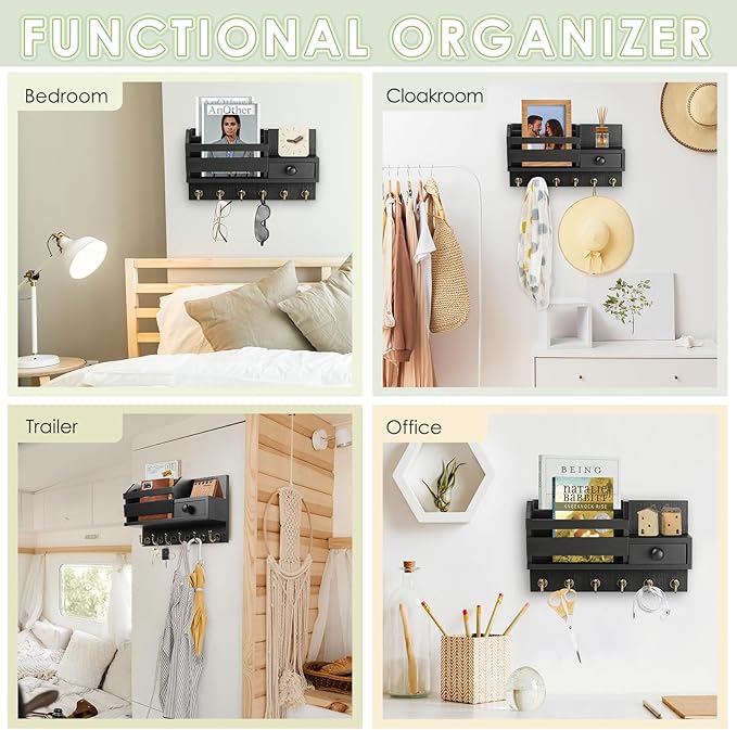 VIS'V Key Holder Wall Mount, Wooden Mail and Key Organizer with Drawer and Shelf, 2 Slots, 6 Hooks, Black