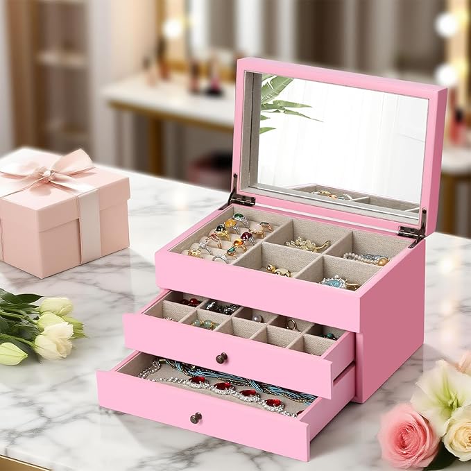 Meangood Jewelry Box Organizer for Women, 3 Layer Large Jewelry Storage Case, Rustic Wooden Jewelry Box with Mirror & Ring Tr