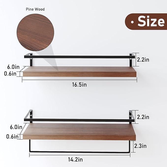 Wood Floating Shelves Wall Mounted - 2+1 Tier Rustic Bathroom Wall Shelves Over Toilet with Towel Bar, Natural Wood Set of 2 