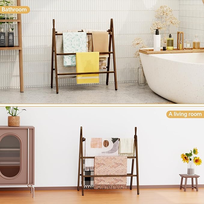 Delywh 6-Tier Wide Double Blanket Ladder Wood, Rustic Decorative Towel Rack for Big Blanket, Towel, Quilt, Clothes, Freestand