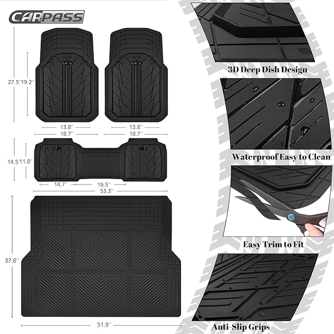 CAR PASS Floor Mats for Cars M-L Size, Heavy Duty Rubber Floor Mats with Trunk Cargo Liner, Universal Trim-to Fit Automotive Floor mats for Truck Van SUV Waterproof All Weather Car Mats Solid Black