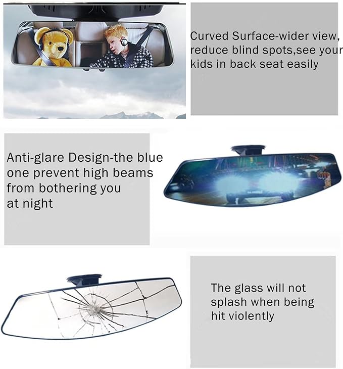 Car Rear View Mirror with Adjustable Suction Cup,Wide Angle Reduce Blind Spots 12.6inch HD Universal Panoramic Interior Rearview Mirror for Cars,SUVs,Trucks,Vehicles White
