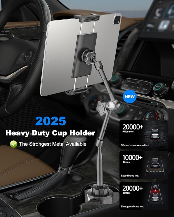 Heighten Tablet Cup Holder Mount [Super Durable] Heavy Duty Metal Cup Holder Tablet Mount for Car, Truck, SUV, Tesla, Compatible with 4-13" Pad Pro 12.9/Air/Mini, Galaxy Tab/Z Fold, iPhone