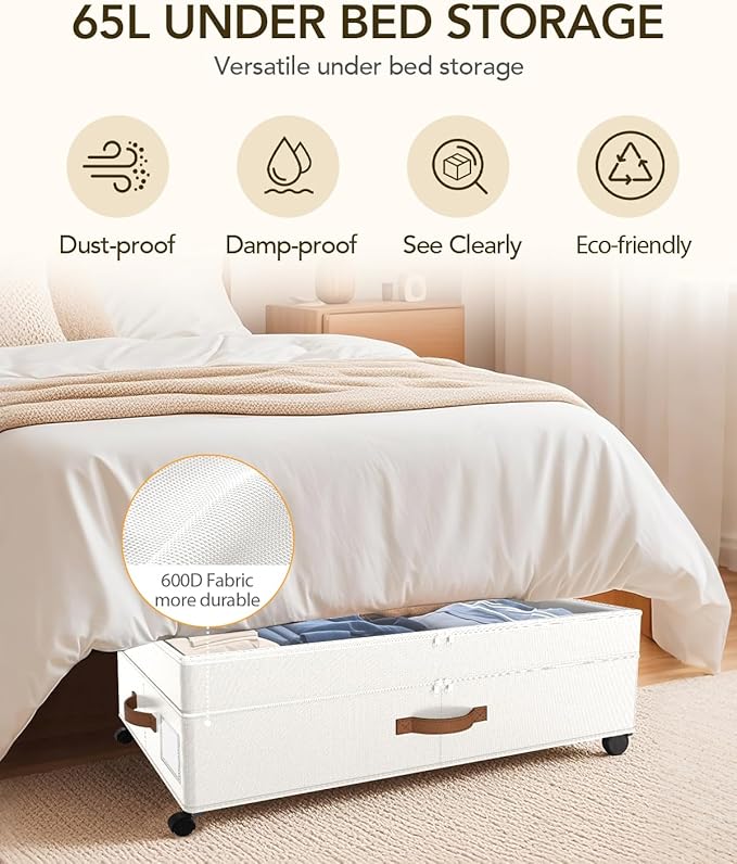 Under Bed Storage with Wheels, 10 inches Under Bed Storage Containers, 65L XXL Large Adjustable Underbed with Lids, Rolling U