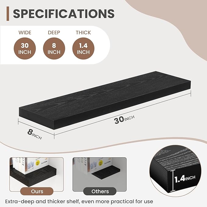 30 Inch Floating Shelves, 8 Inch Deep Floating Shelves for Wall, Hanging Shelf with Invisible Brackets, Deep Shelves for Bath