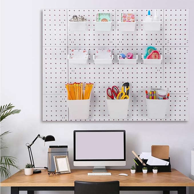 Uiifan 18 Set Pegboard Bins Kit Plastic Pegboard Cups with Metal Hooks Wall Containers Organizer Accessories with Label Stick