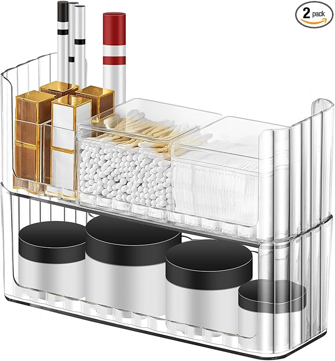 Poeland 2 Pack Stackable Makeup Organizer Tray, Transparent Cosmetic Display Case with 2 Lipstick Cases and 2 Cotton Swab Pad