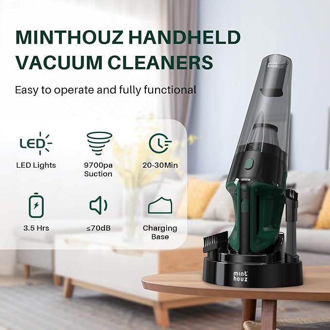 Minthouz Handheld Vacuum Cordless, Strong Suction Car Vacuum Cleaner with LED Light, Long Runtime Hand Vacuum Cordless Rechar