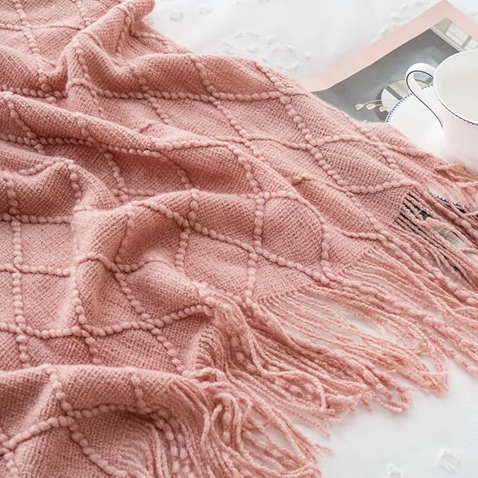 BATTILO HOME Blush Throw Blanket with Tassels, Pink Knit Blanket for Home Decor, Boho Style Textured Knitted Decorative Twin 