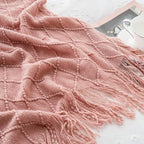 BATTILO HOME Blush Throw Blanket with Tassels, Pink Knit Blanket for Home Decor, Boho Style Textured Knitted Decorative Twin 
