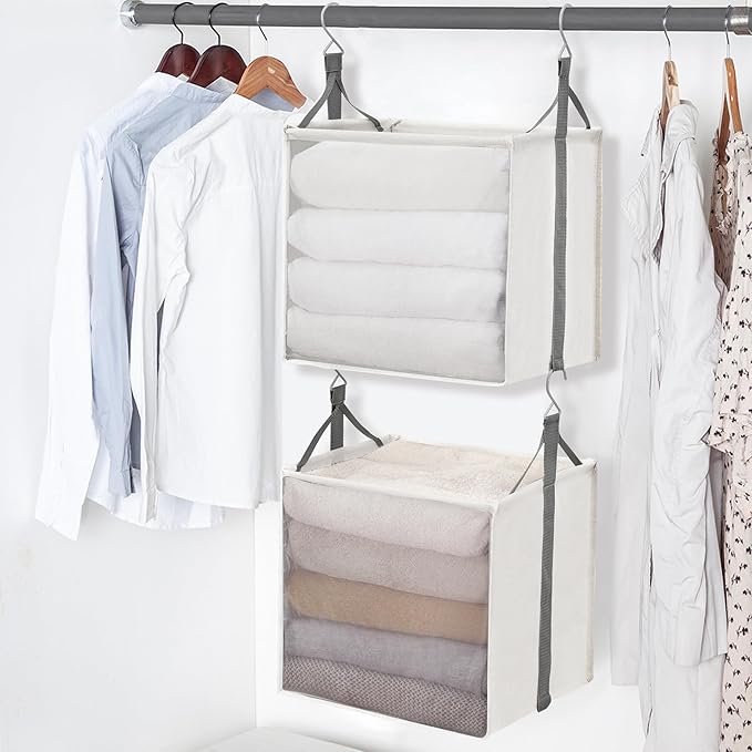 STORAGE MANIAC 2-Shelf Hanging Closet Organizer, Cloth Hanging Closet Shelf, Hanging Closets Baskets with Hooks for Dorm, Apt