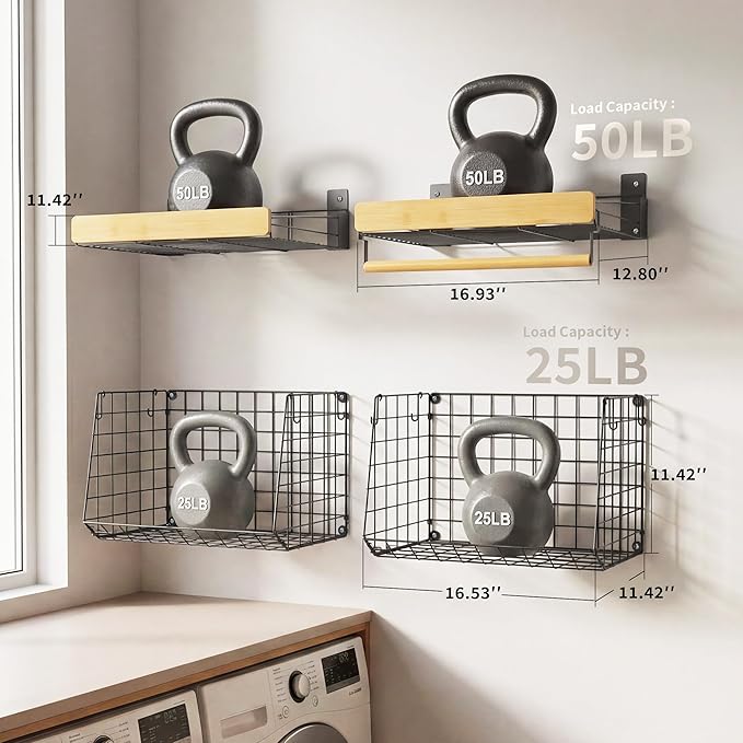 Wall Mounted Laundry Room Shelves, Wire Baskets with 8 Hooks and Hanging Rod, Over The Washer and Dryer Shelf, Drying Rack, L
