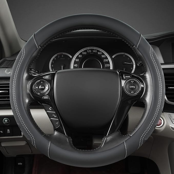 GIANT PANDA Microfiber Leather Steering Wheel Cover for Honda Accord,Civic,CR-V,HR-V,Pilot(Black+Gray Line-Standard Size)