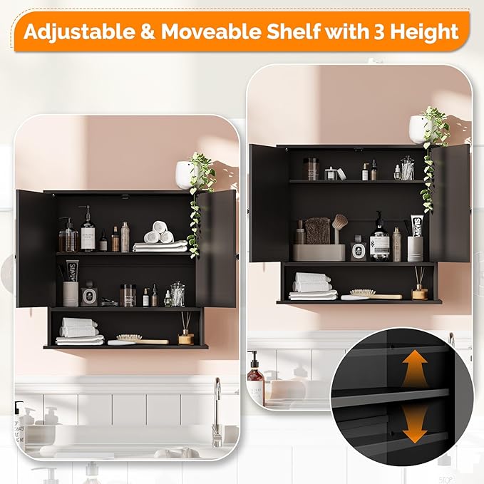 VINGLI Black Medicine Cabinet with Mirror, Wall Mounted Bathroom Cabinet with Open Shelf, 2-Door Hanging Storage Organizer Ov