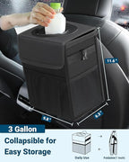 Capolo Car Trash Can with Lid, Leakproof Car Trash Bag Hanging Waterproof Automotive Garbage Can with Storage Pockets Mini Vehicle Trash Bin for Back/Front Seat(Black,3 Gallon)