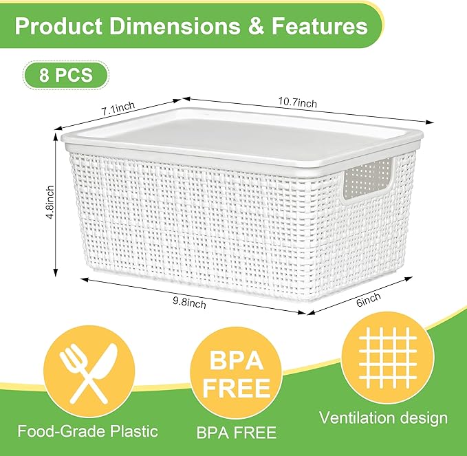 6 Pack Plastic Storage Baskets With Lids,White Breathable Stackable Storage Bins,Small Storage Containers,for Organizing Stor