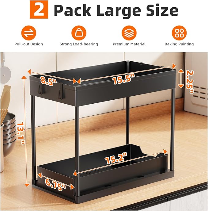 Simple Trending Under Sink Organizer 2 Pack, Sink Pull-Out Sliding Storage Cabinet, 2-Tier Under Shelf Organizer for Kitchen 