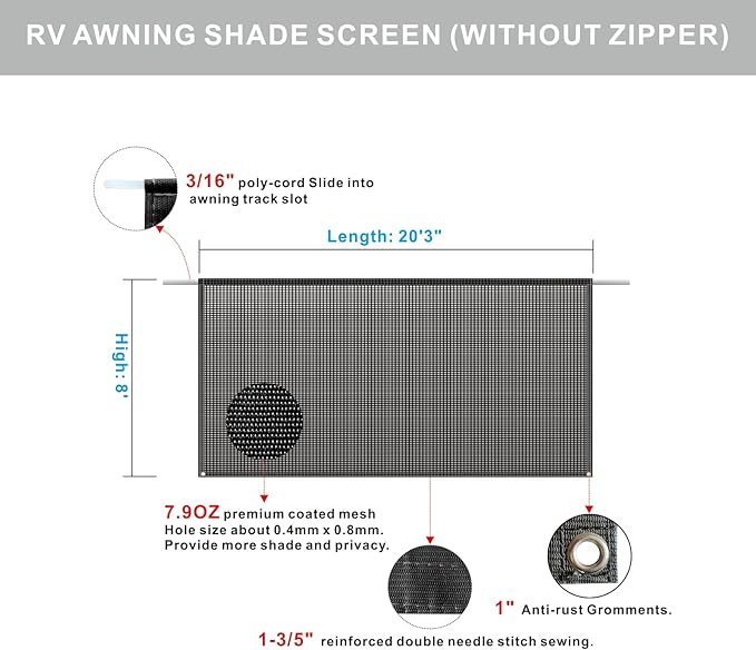 RV Awning Shade Screen Without Zipper 8'x20'3'',Black Mesh RV Awning Sun Shade Screen,Universal Trailer Camper RV Awning Screen with Complete Kit,Significantly Improves Shadow and Privacy