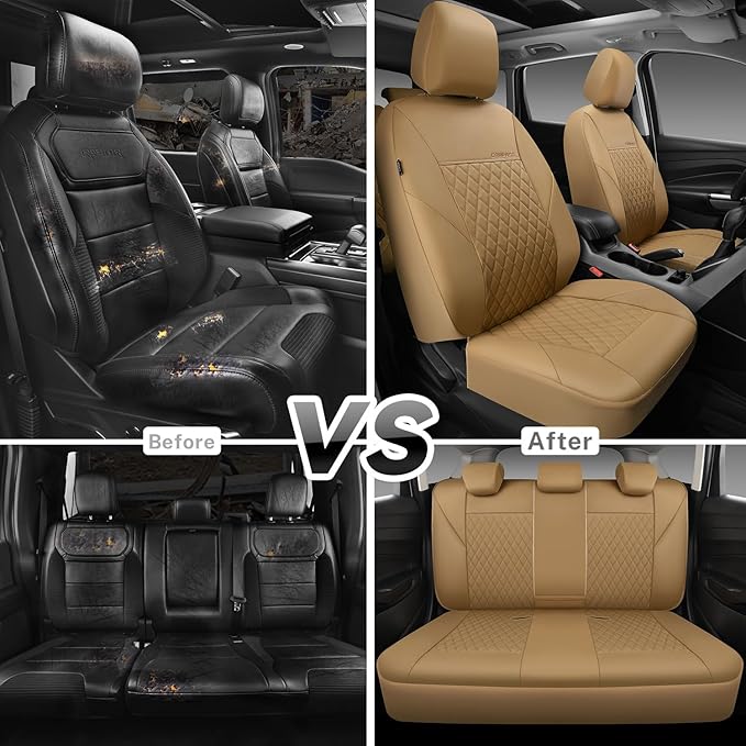 CAR PASS Faux Leather Seat Covers Full Set, Quilting Waterproof Premium Automotive Seat Cover with 5mm Composite Sponge Insid