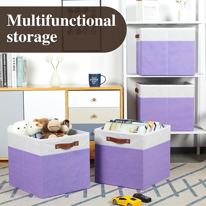Temary Foldable Cube Baskets 4Pack - Clothes Shelf Storage with Handles, Fabric Storage Organizer Bins (White&Purple, 13x15x1