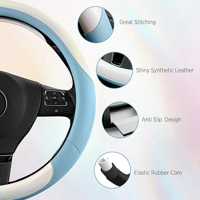Road Comforts Steering Wheel Cover – Breathable Leather Steering Wheel Cover, Anti-Slip Grip, Universal Fit 14.5” to 15”, Hea