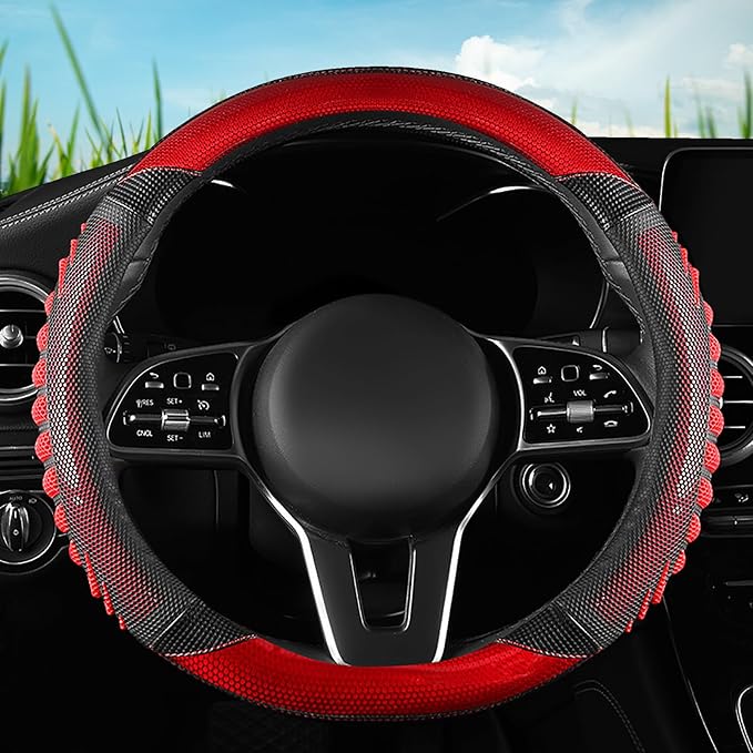 5D Honeycomb Black Red Car Steering Wheel Cover,14.5-15 Inch Universal Carbon Fibre Leather Covers Breathable Anti-Slip Odorl
