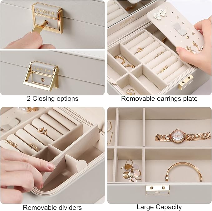 KAMIER Jewelry Box, 2 Layers PU Leather Jewelry Organizer Box, Large Capacity, Double Lock and Large Mirror, Hidden Necklace 