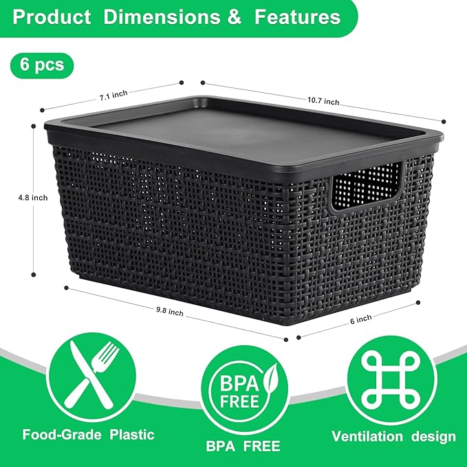 6 Pack Plastic Storage Baskets With Lids,Black Breathable Stackable Storage Bins,Small Storage Containers,for Organizing Stor