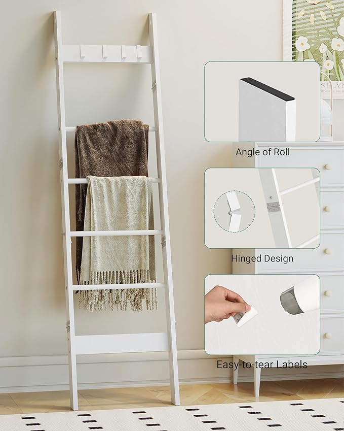 Hzuaneri Blanket Ladder for Living Room, Decorative Quilt Rack with 4 Removable Hooks, 6-Tier Farmhouse Ladder Holder Shelf O