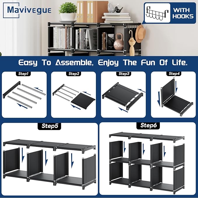 Mavivegue Book Shelf, 9 Cube Storage Organizer, DIY Bookcase, Metal Cube Bookshelf, Tall Book case for Bedroom, Living Room,O