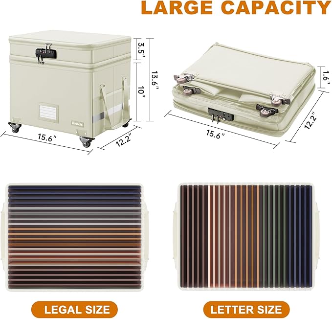 DocSafe Fireproof Document Box with Lock,2-Layer File Box with Wheels,Collapsible File Storage Organizer with Pockets,Large P