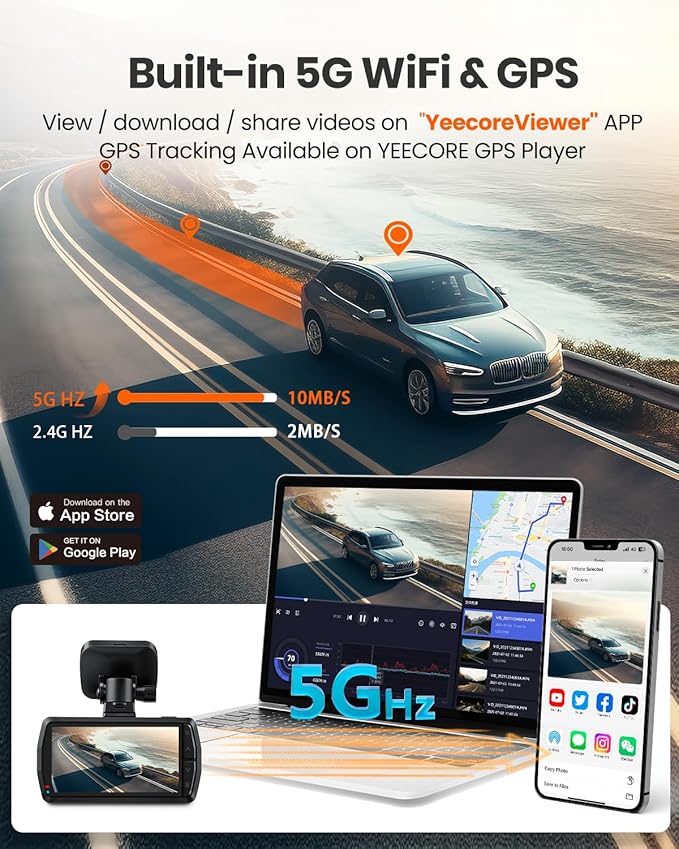 Real 4K Dash Cam Front and Rear, 5.8GHz Wi-Fi GPS, Dual Camera HDR with Top-Level Sensor, 3.3'' IPS Screen, Super Night Visio