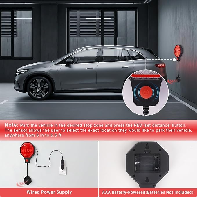 Garage Parking Sensor, Adjustable Garage Car Stop Indicator with Red/Yellow/Green LED Display, Set Stop Distance 6"–6 Ft, Bat