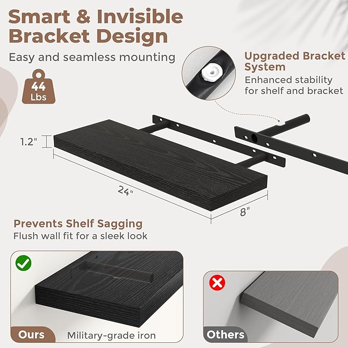 24 Inch Floating Shelves for Wall Set of 2, 8"D Wood Grain Bathroom Shelves with Invisible Brackets, Easy Install Engineered 